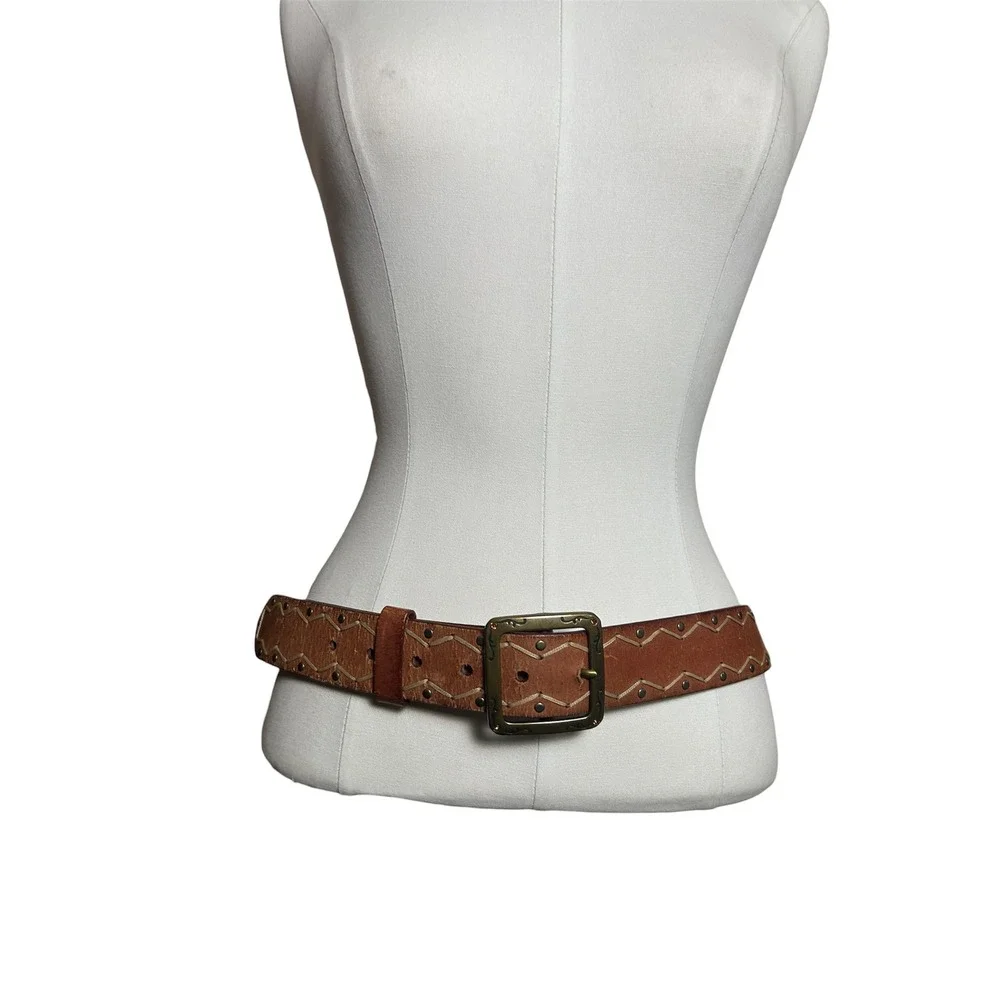 VTG Brown Whipstitch Studded Leather Belt Wide Western Boho Brass Buckle XL